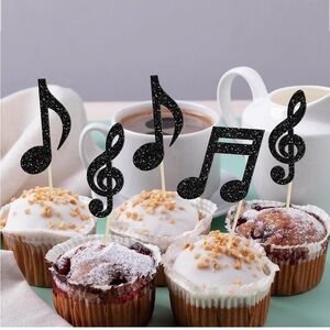 24Pcs Music Notes Cupcake Toppers Black Glitter Musical Symbol Cupcake